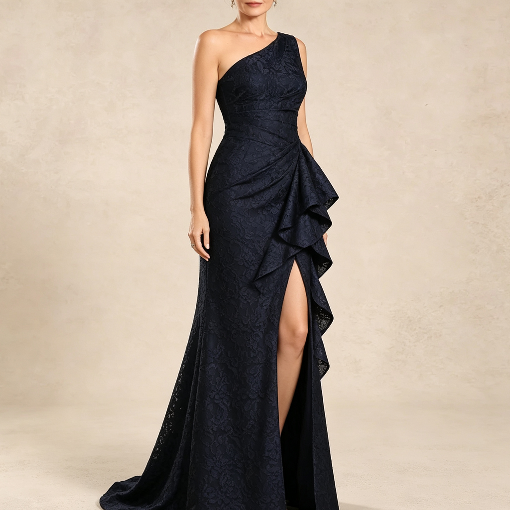 Ein-Schulter langes Spitzen-Festkleid mit asymmetrischer Volante und hohem Seitenschlitz, figurbetontes Maxikleid in Dunkelblau