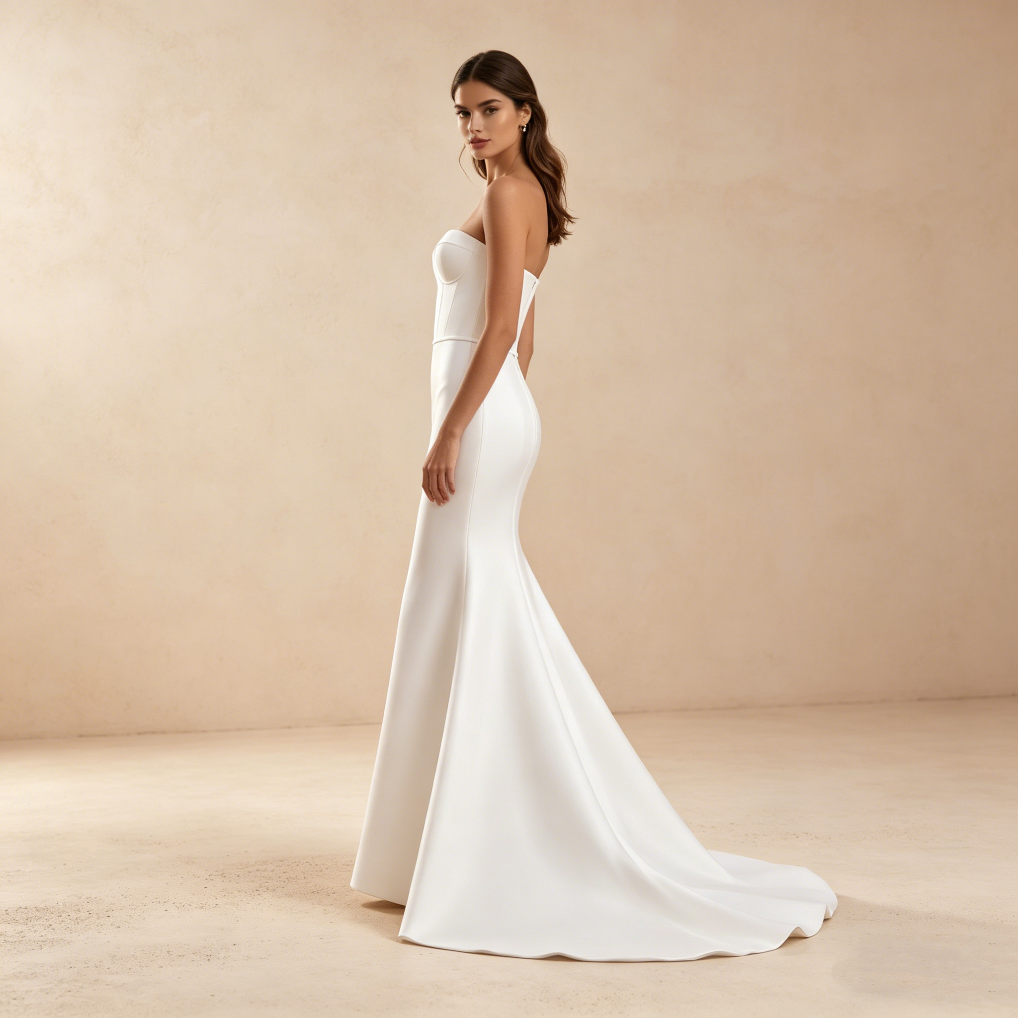 Elegantes Abendkleid in Reinweiß, Bodenlanges Maxikleid mit Meerjungfrau-Silhouette, Trägerlose Luxus-Galarobe