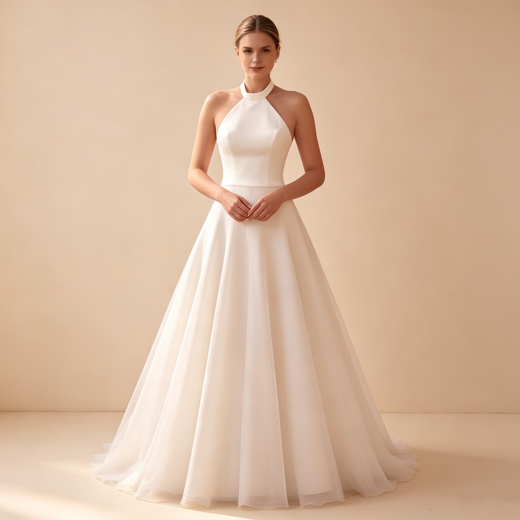 Halter‑Langkleid für Damen mit taillierter Oberpartie, luftigem vollem Rock und sanfter Schleppe