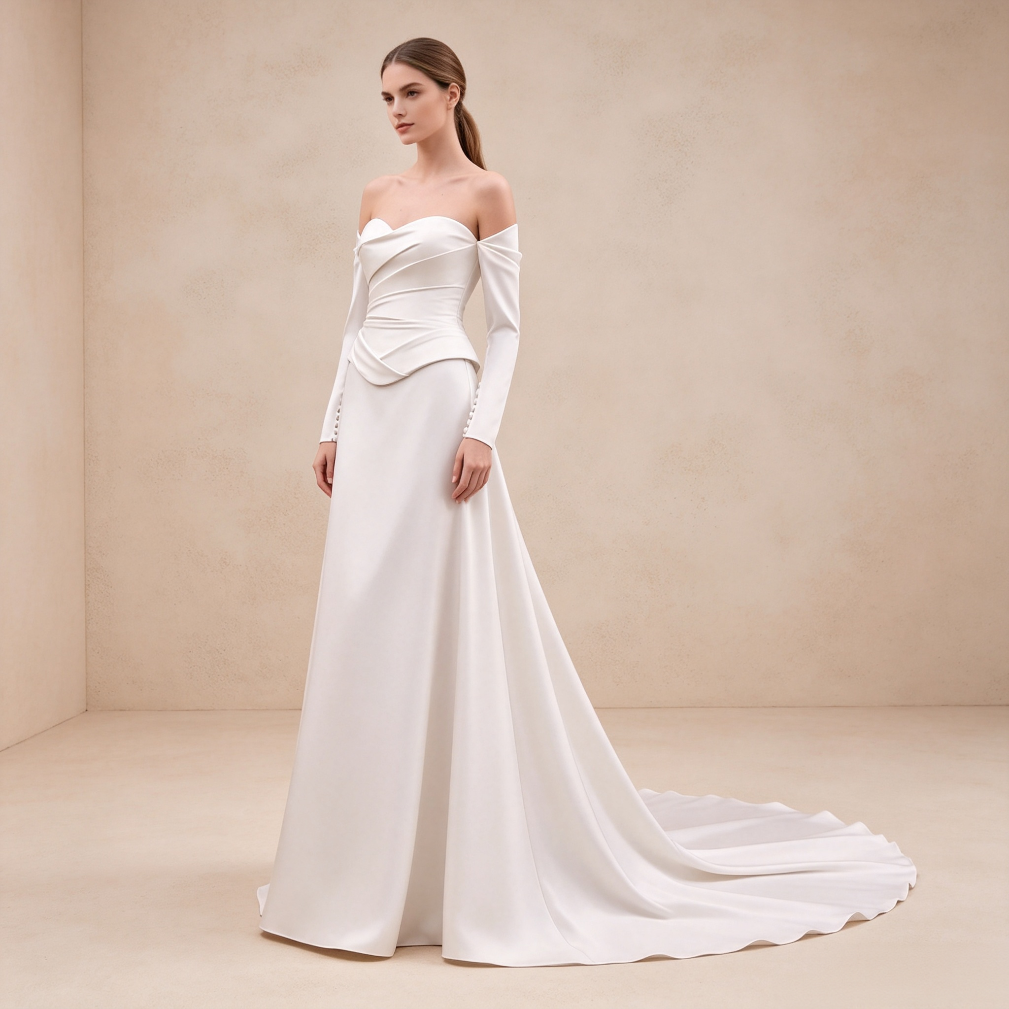 Bodenlanges Langarm-Abendkleid in Elfenbein mit schulterfreiem Ausschnitt, drapiertem Oberteil und A-Linie