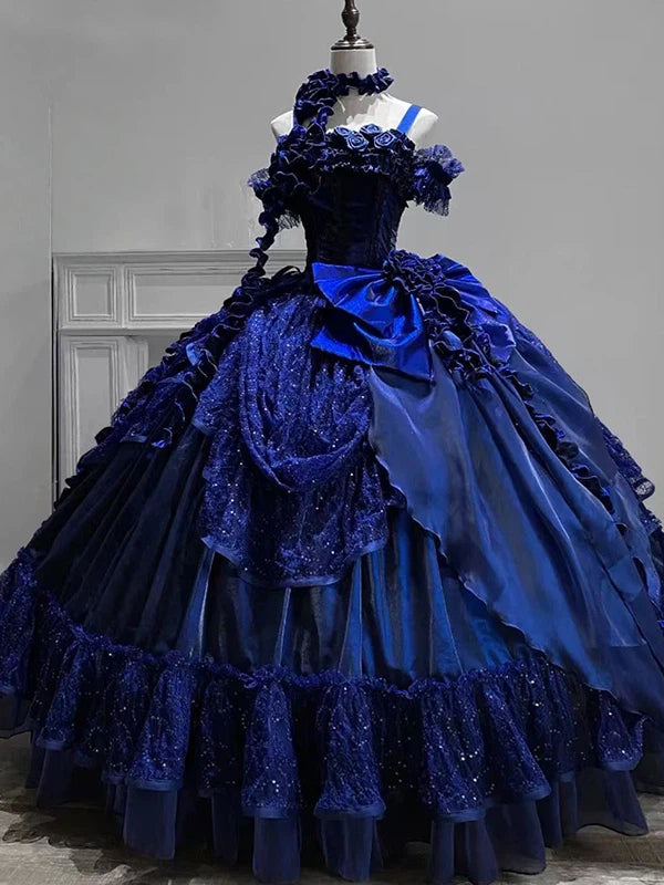 Hime Lolita Ballkleid Blau Lang Ärmellos OP Hochzeit für Teeparty 34-44