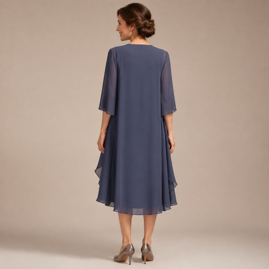 Chiffon‑Set Damen, Midi‑Kleid mit 3/4‑Arm Jacke, Perlenbesatz am Ausschnitt, eleganter Festlook für besondere Anlässe