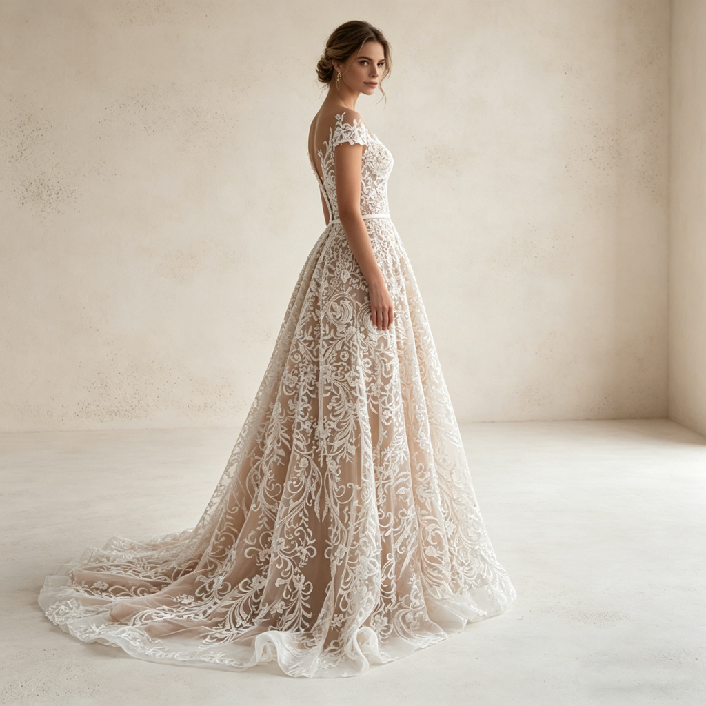 Exquisites Besticktes Maxikleid in Elfenbein – Off-Shoulder Abendkleid mit Filigraner Spitze und A-Linien-Silhouette