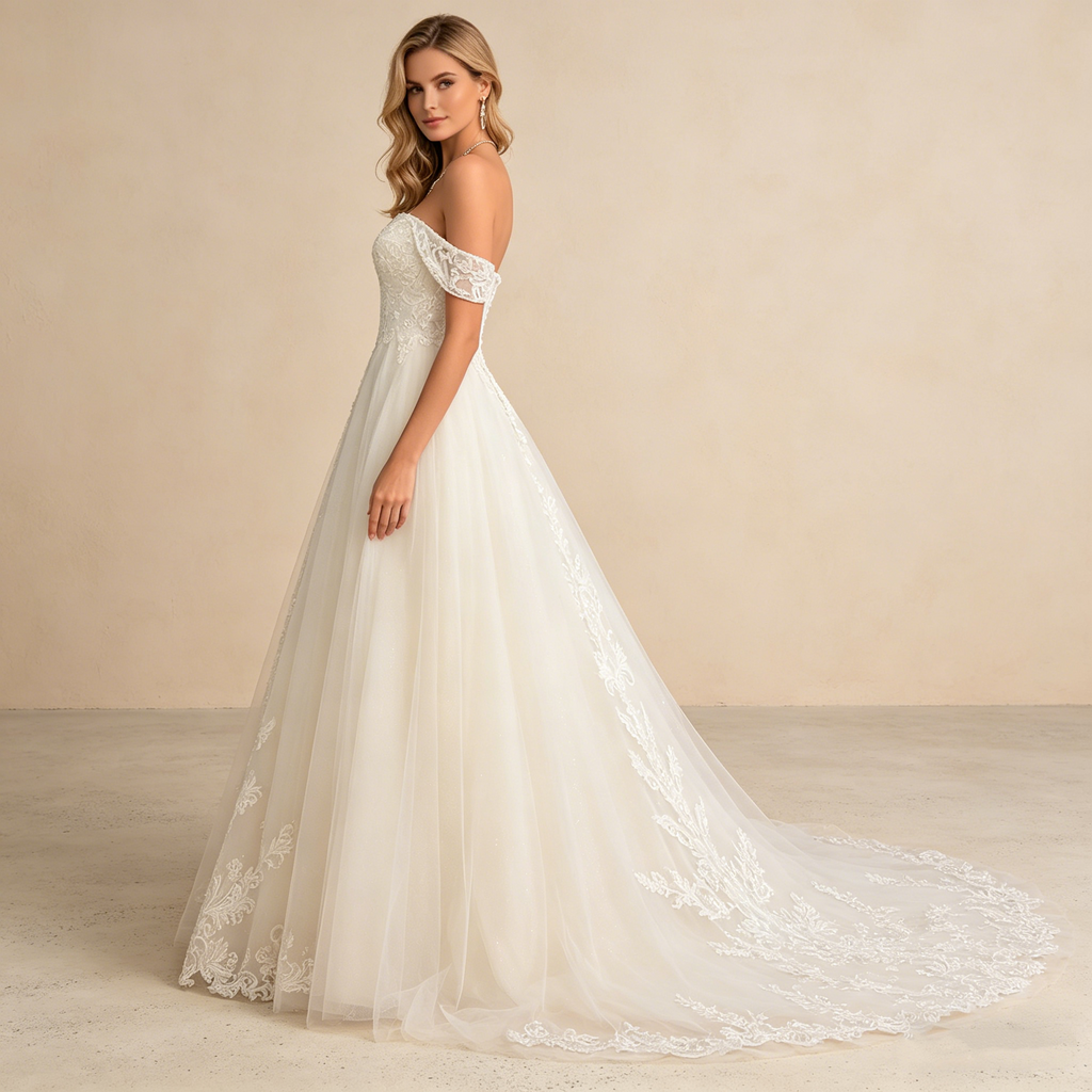 Exquisites Off-Shoulder Maxikleid in Elfenbein – Bodenlanges Abendkleid mit Filigraner Spitzenbestickung und Tüllrock