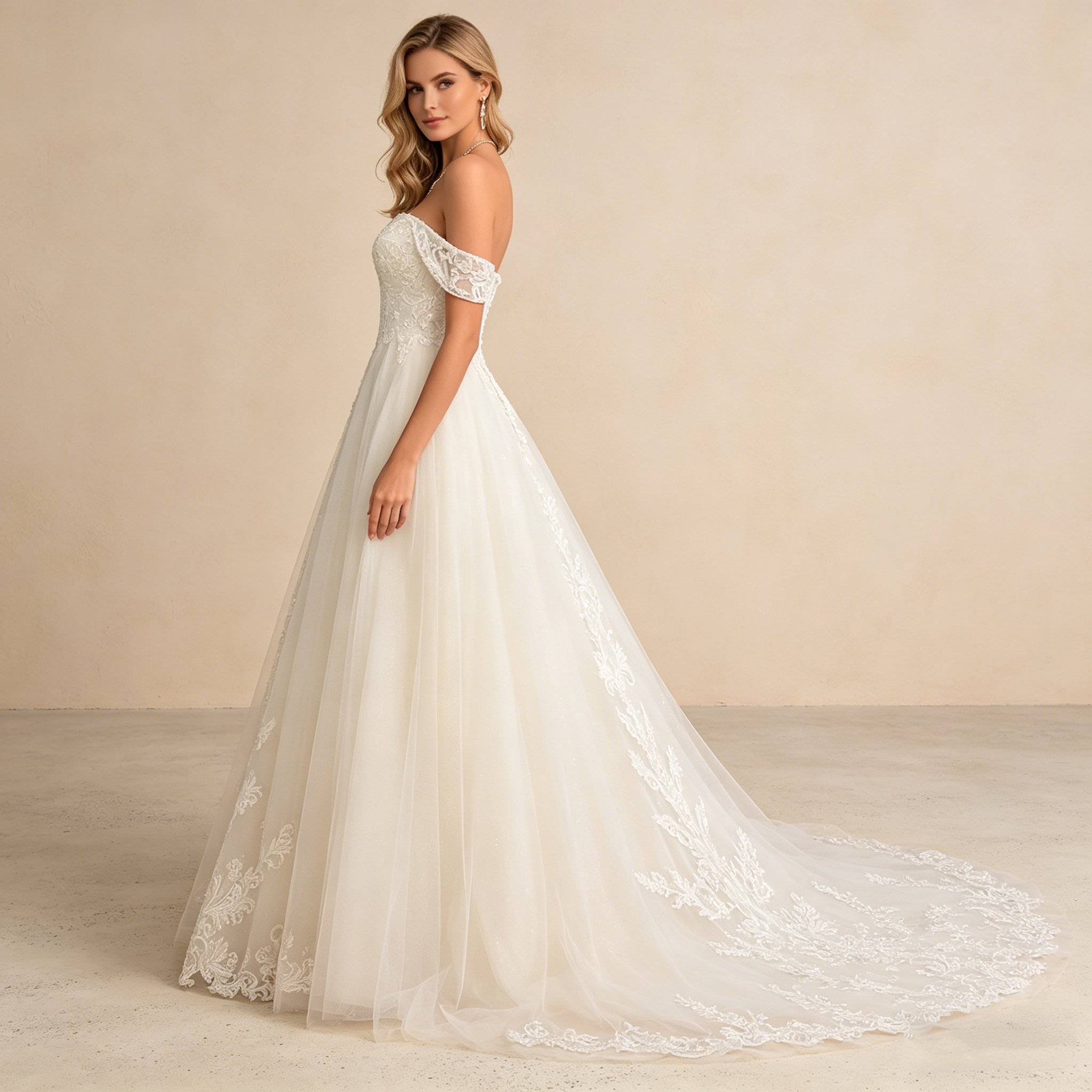 Exquisites Off-Shoulder Maxikleid in Elfenbein – Bodenlanges Abendkleid mit Filigraner Spitzenbestickung und Tüllrock