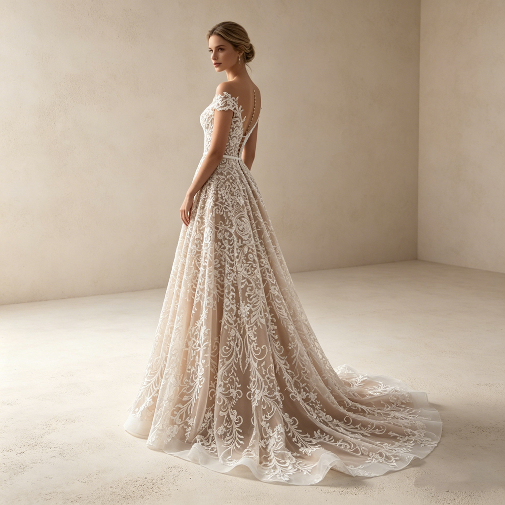 Exquisites Besticktes Maxikleid in Elfenbein – Off-Shoulder Abendkleid mit Filigraner Spitze und A-Linien-Silhouette