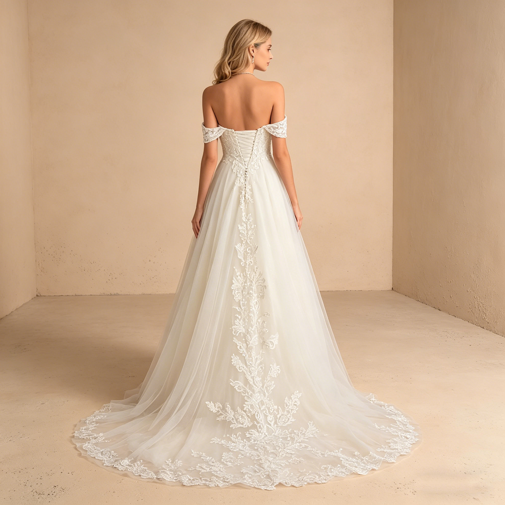 Exquisites Off-Shoulder Maxikleid in Elfenbein – Bodenlanges Abendkleid mit Filigraner Spitzenbestickung und Tüllrock