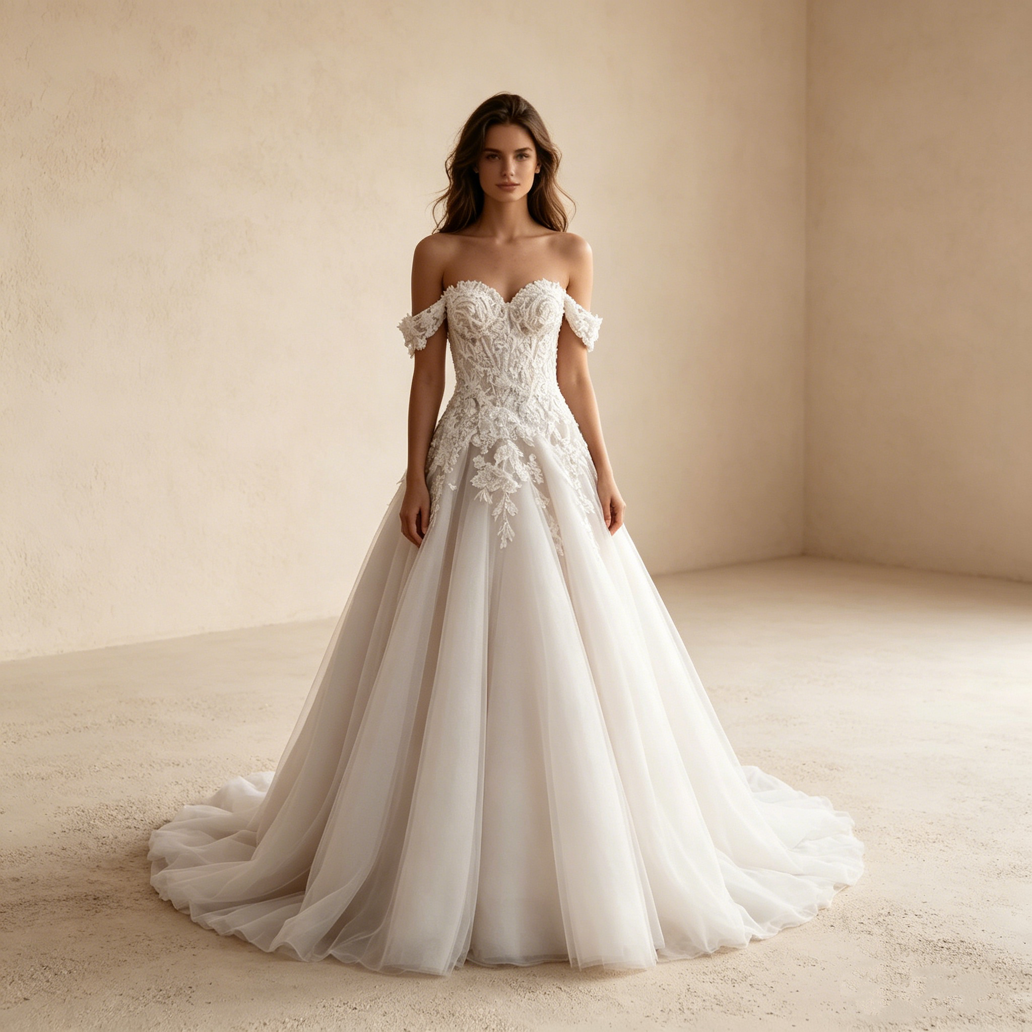 Elegantes Besticktes Maxikleid in Elfenbein – Off-Shoulder Abendkleid mit Korsage-Oberteil und Tüllrock