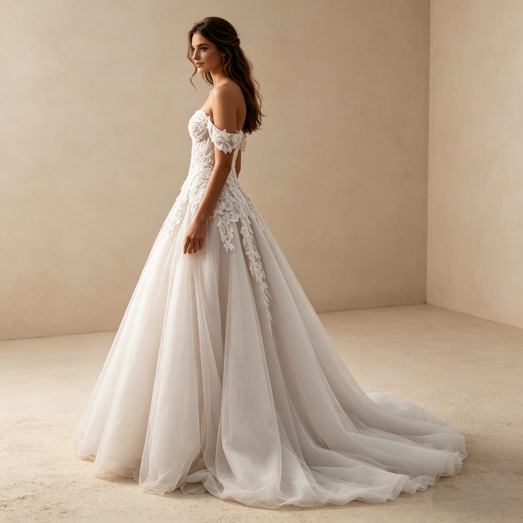 Elegantes Besticktes Maxikleid in Elfenbein – Off-Shoulder Abendkleid mit Korsage-Oberteil und Tüllrock