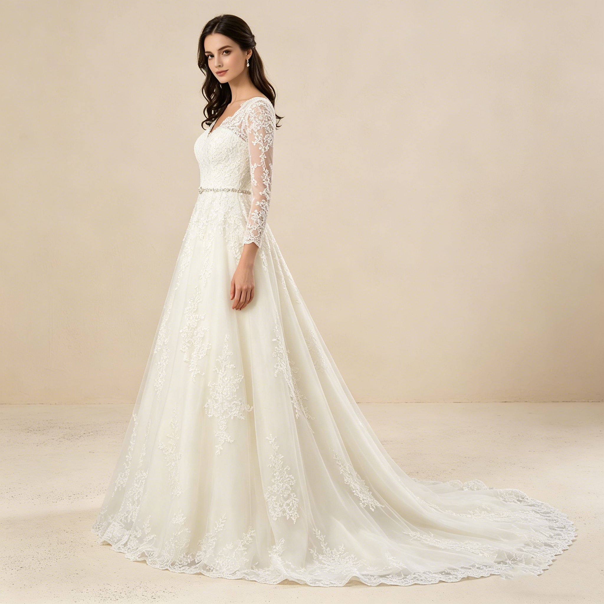 Exquisites Langarm-Maxikleid in Elfenbein – Elegantes Abendkleid mit Filigraner Spitze und A-Linien-Silhouette
