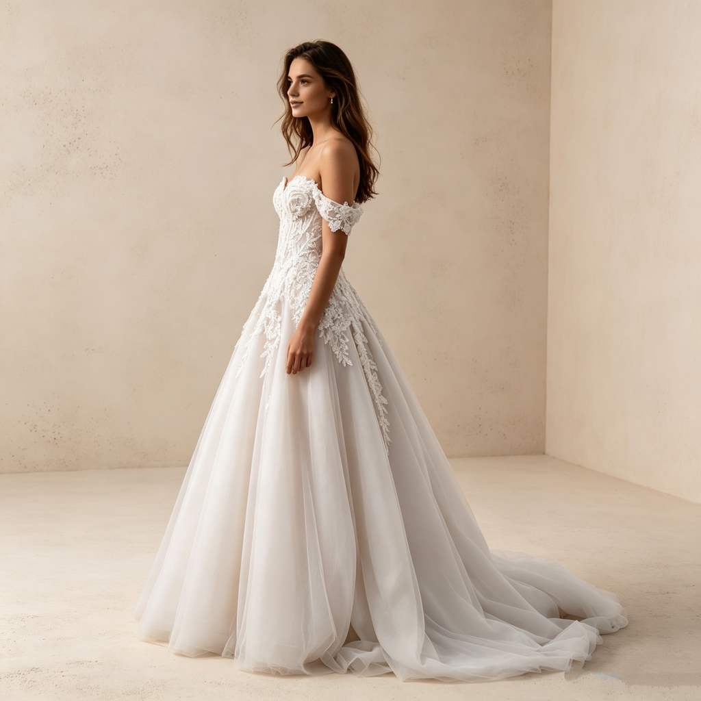 Elegantes Besticktes Maxikleid in Elfenbein – Off-Shoulder Abendkleid mit Korsage-Oberteil und Tüllrock