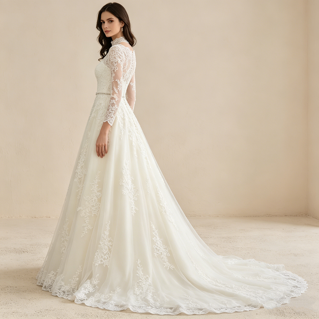 Exquisites Langarm-Maxikleid in Elfenbein – Elegantes Abendkleid mit Filigraner Spitze und A-Linien-Silhouette