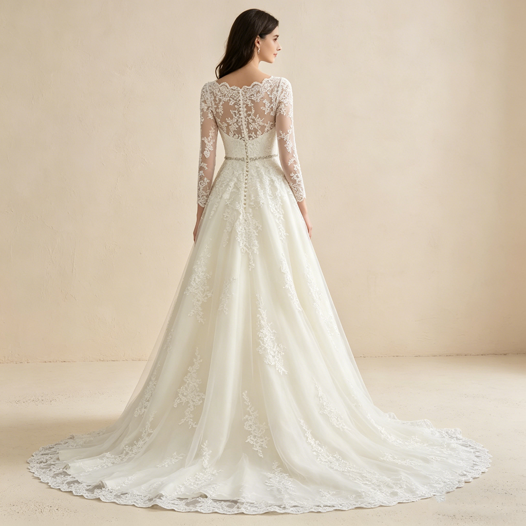 Exquisites Langarm-Maxikleid in Elfenbein – Elegantes Abendkleid mit Filigraner Spitze und A-Linien-Silhouette