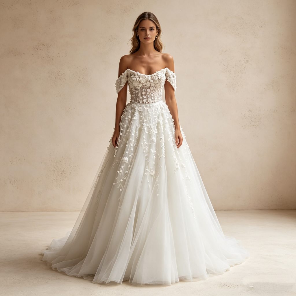 Exquisites Besticktes Maxikleid in Elfenbein – Off-Shoulder Abendkleid mit 3D-Blütenapplikationen und Tüllrock