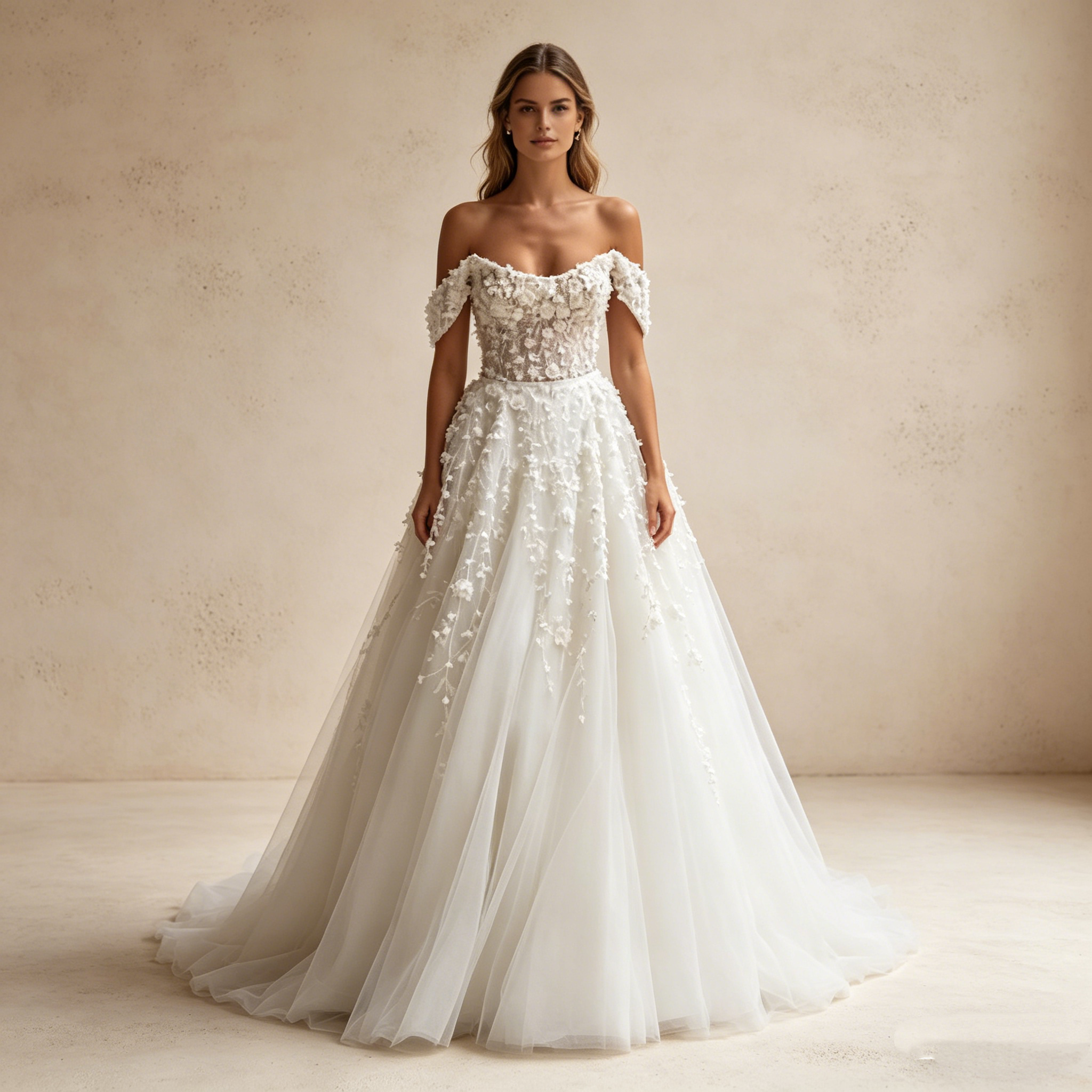 Exquisites Besticktes Maxikleid in Elfenbein – Off-Shoulder Abendkleid mit 3D-Blütenapplikationen und Tüllrock