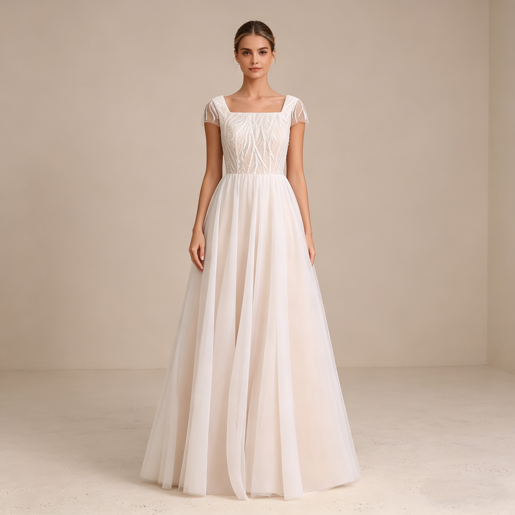 Elegantes Besticktes Maxikleid in Elfenbein – Bodenlanges Abendkleid mit Carré-Ausschnitt und Transparenten Flügelärmeln