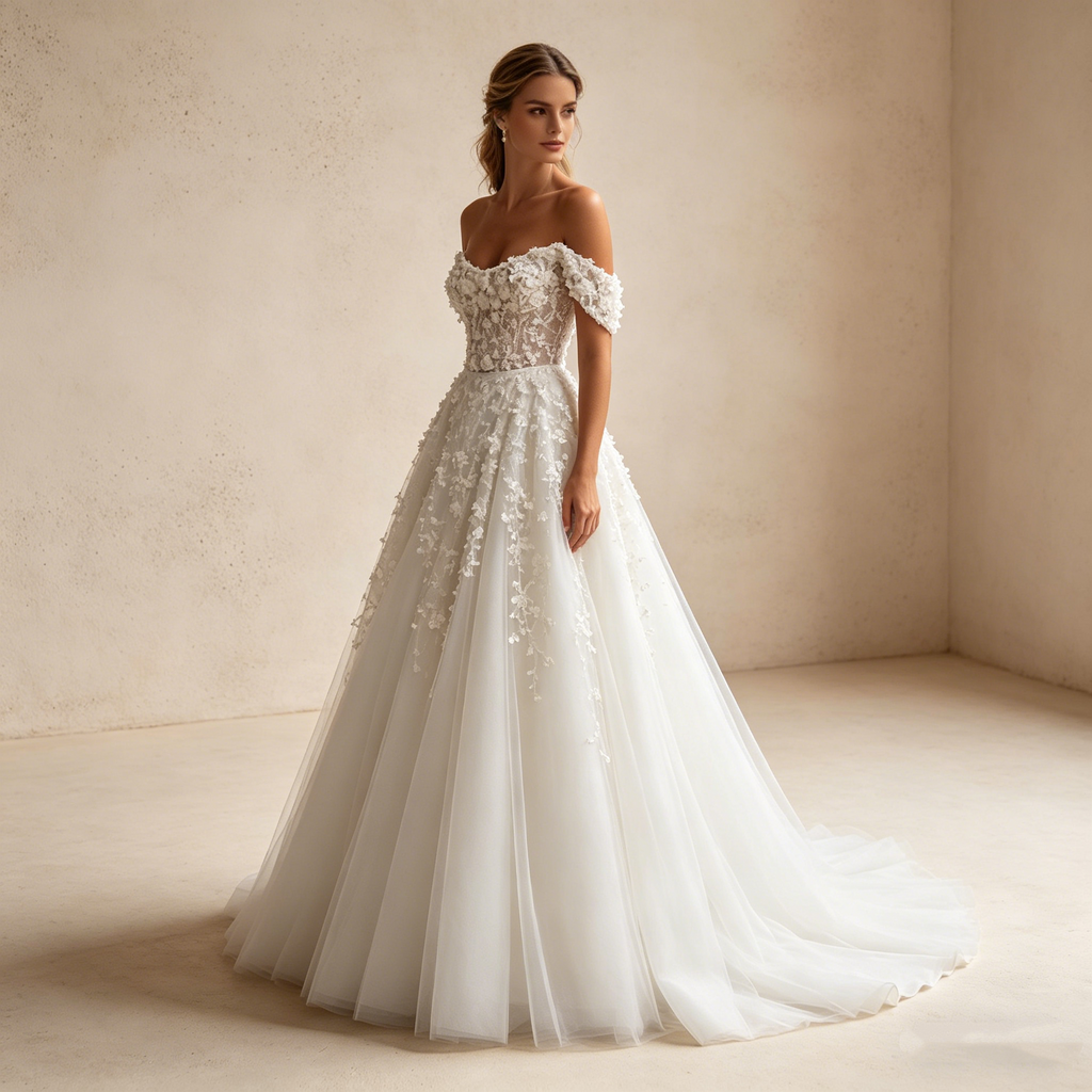 Exquisites Besticktes Maxikleid in Elfenbein – Off-Shoulder Abendkleid mit 3D-Blütenapplikationen und Tüllrock