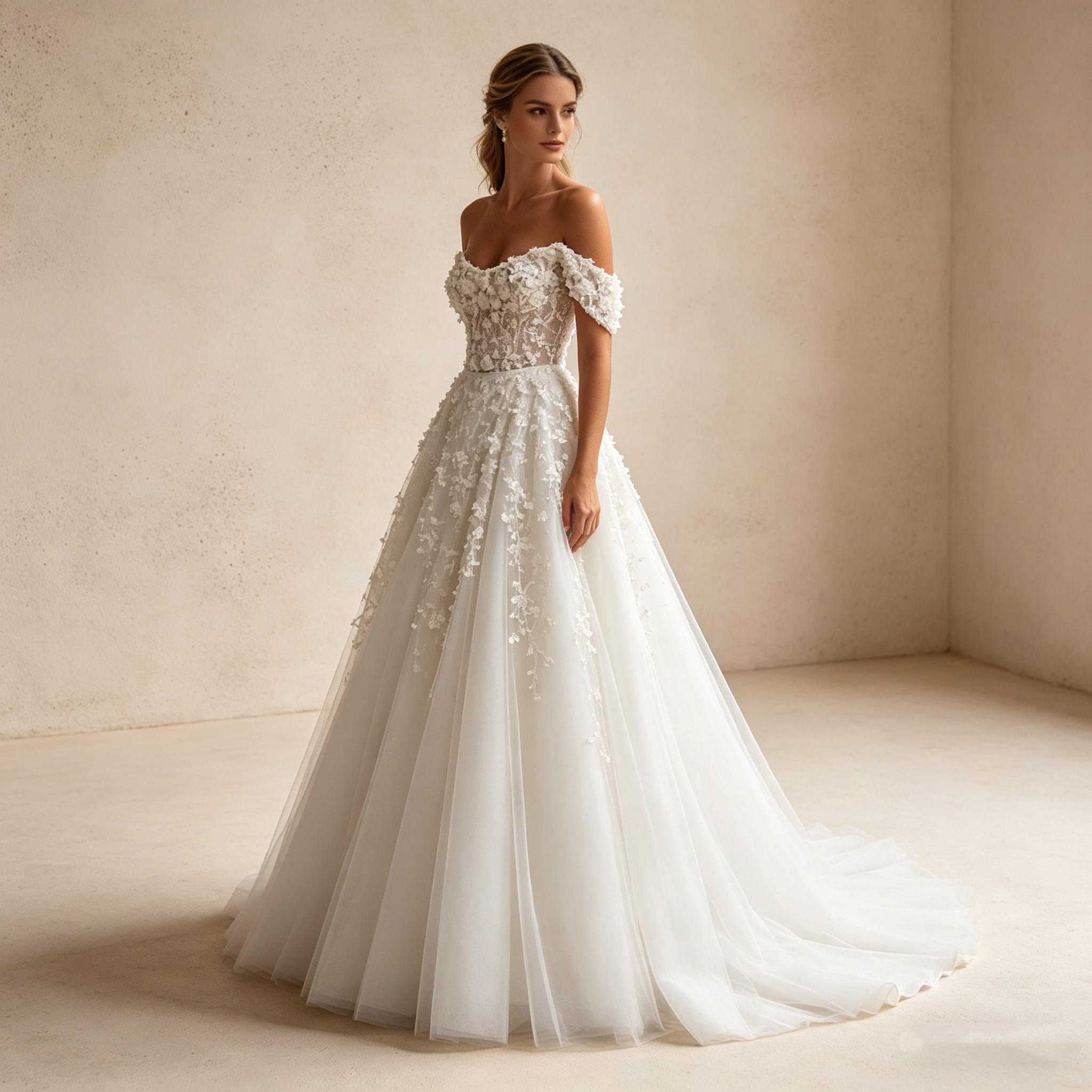 Exquisites Besticktes Maxikleid in Elfenbein – Off-Shoulder Abendkleid mit 3D-Blütenapplikationen und Tüllrock