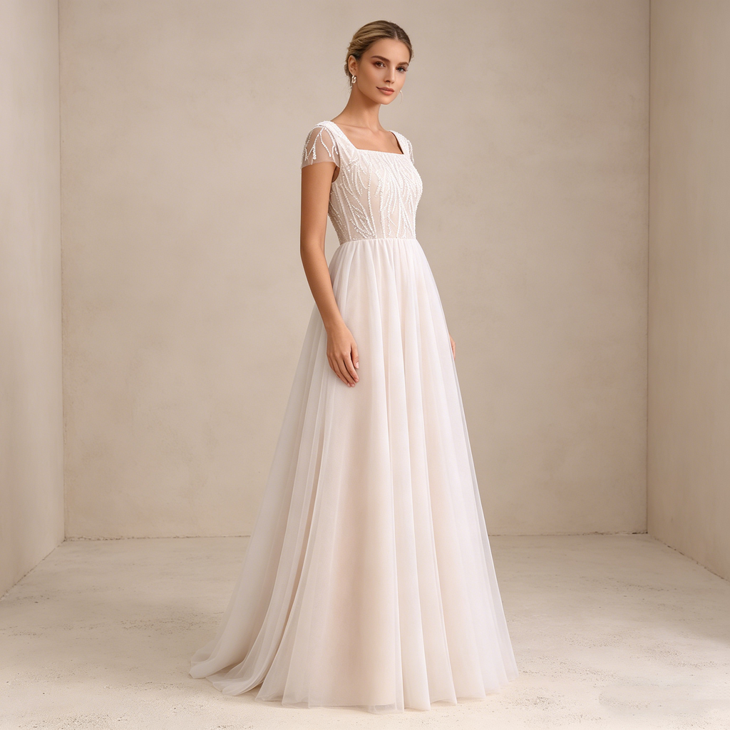 Elegantes Besticktes Maxikleid in Elfenbein – Bodenlanges Abendkleid mit Carré-Ausschnitt und Transparenten Flügelärmeln