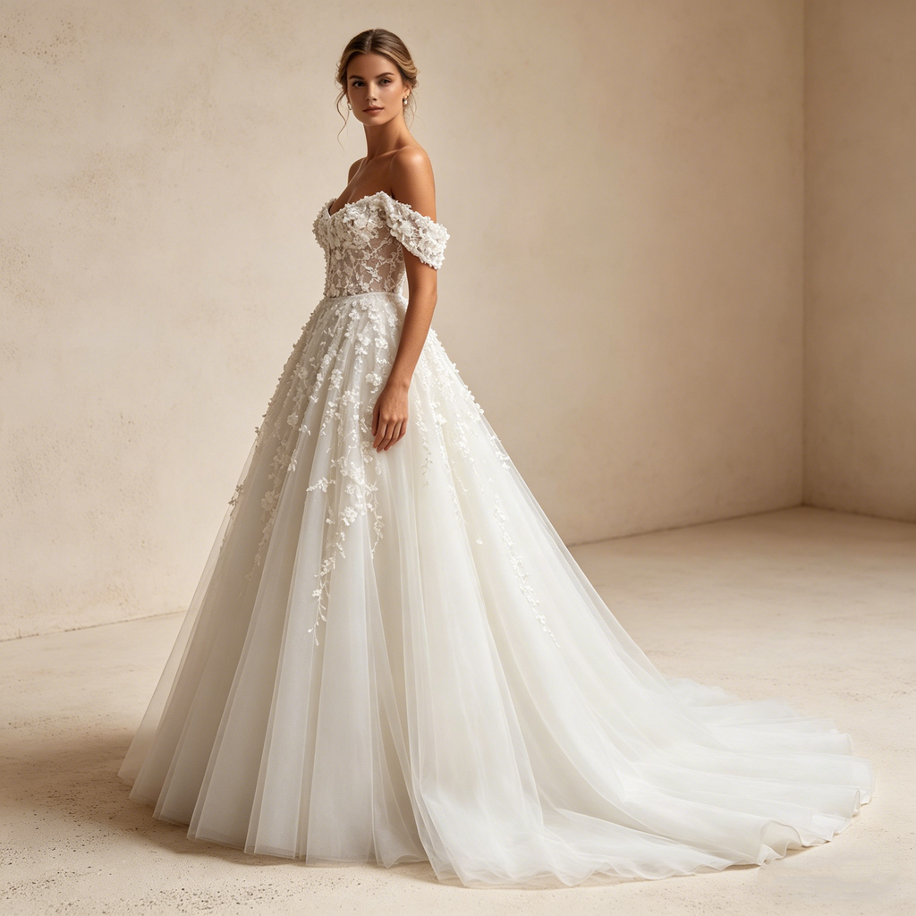 Exquisites Besticktes Maxikleid in Elfenbein – Off-Shoulder Abendkleid mit 3D-Blütenapplikationen und Tüllrock