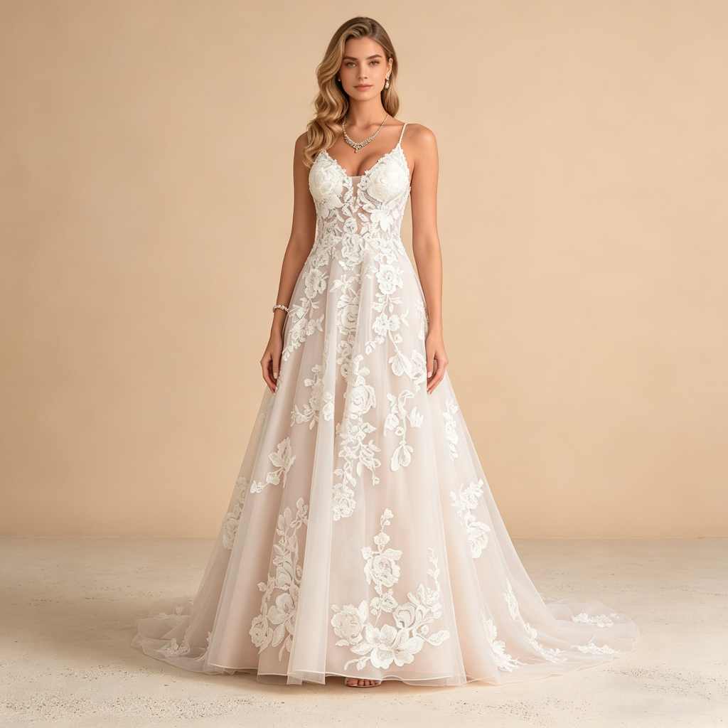 Exquisites Besticktes Maxikleid in Elfenbein – Ärmelloses Abendkleid mit Filigranen Spitzenapplikationen und V-Ausschnitt
