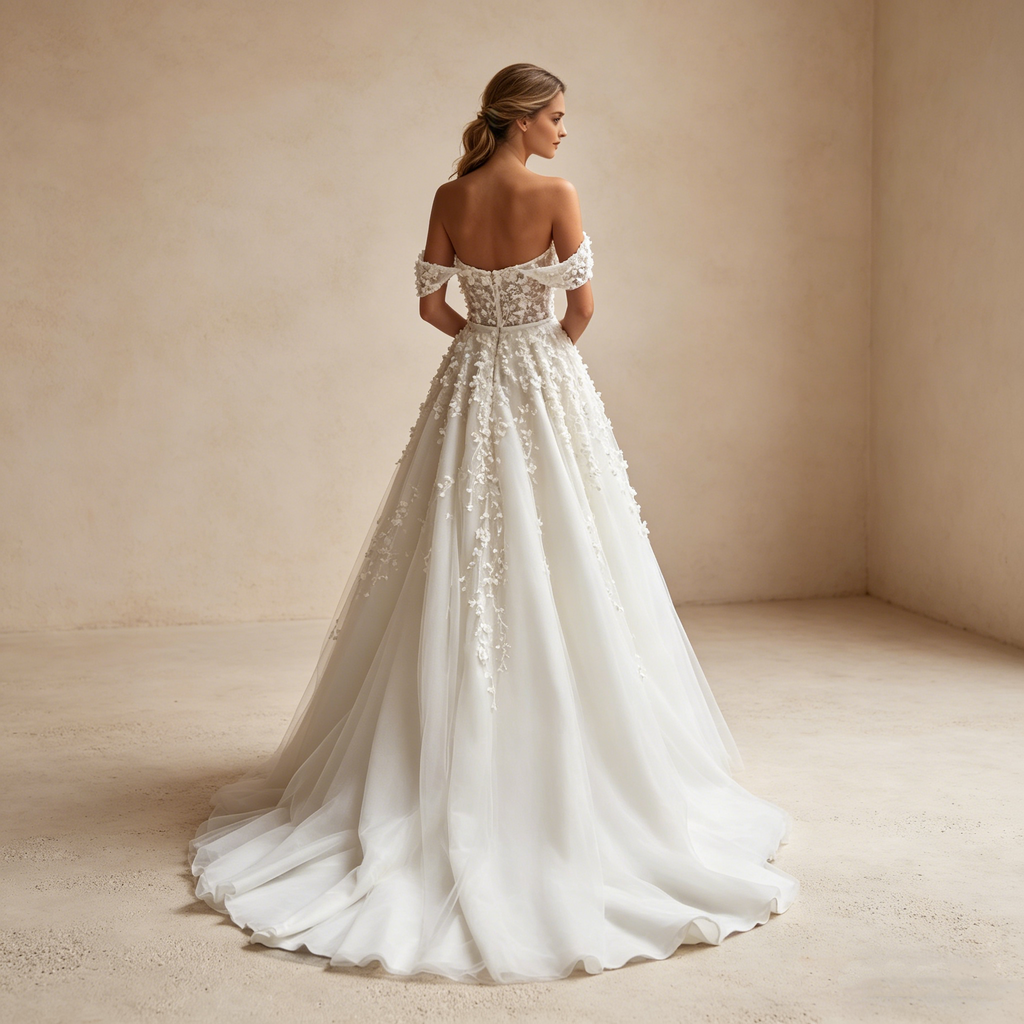 Exquisites Besticktes Maxikleid in Elfenbein – Off-Shoulder Abendkleid mit 3D-Blütenapplikationen und Tüllrock