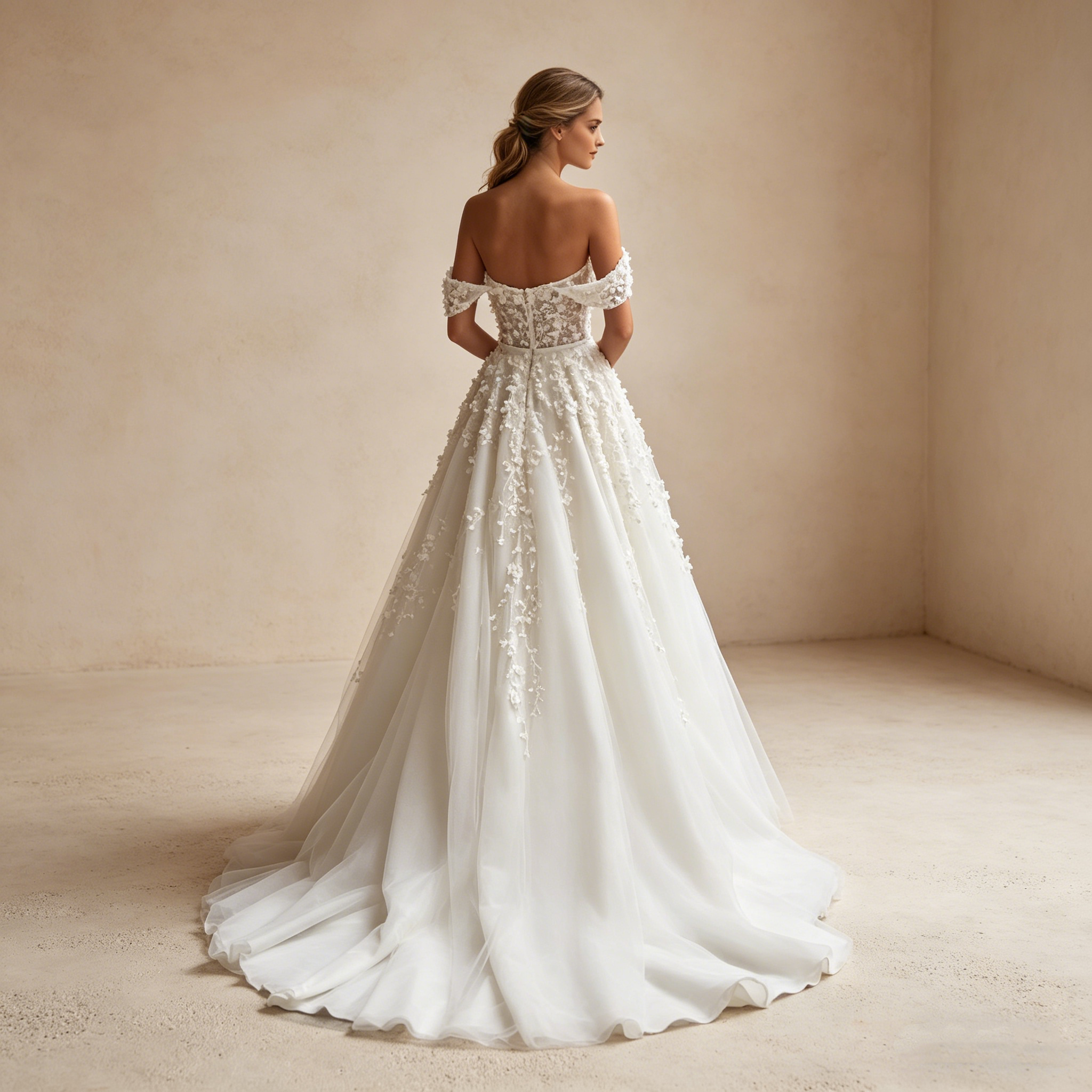Exquisites Besticktes Maxikleid in Elfenbein – Off-Shoulder Abendkleid mit 3D-Blütenapplikationen und Tüllrock