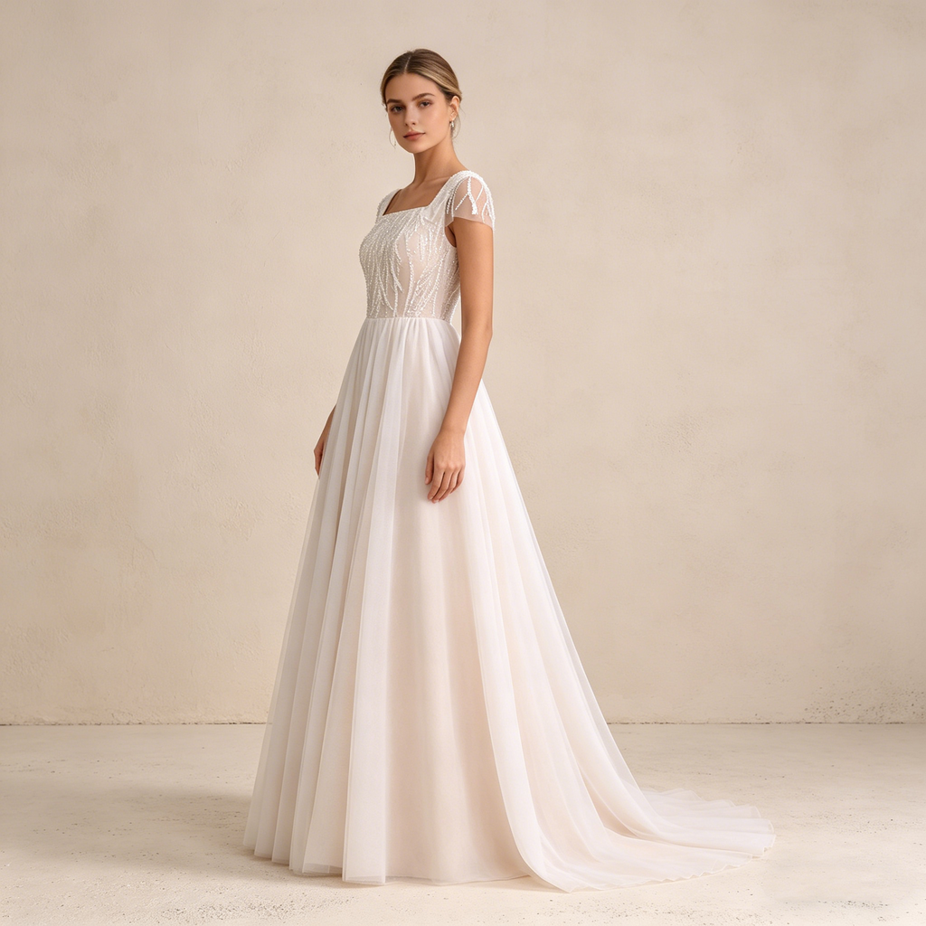 Elegantes Besticktes Maxikleid in Elfenbein – Bodenlanges Abendkleid mit Carré-Ausschnitt und Transparenten Flügelärmeln