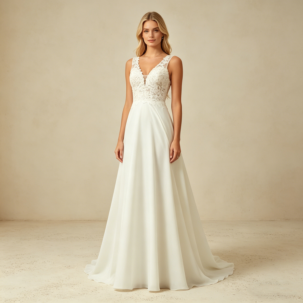 Elegantes Ärmelloses Maxikleid in Elfenbein – Abendkleid mit V-Ausschnitt und Filigranem Spitzenoberteil
