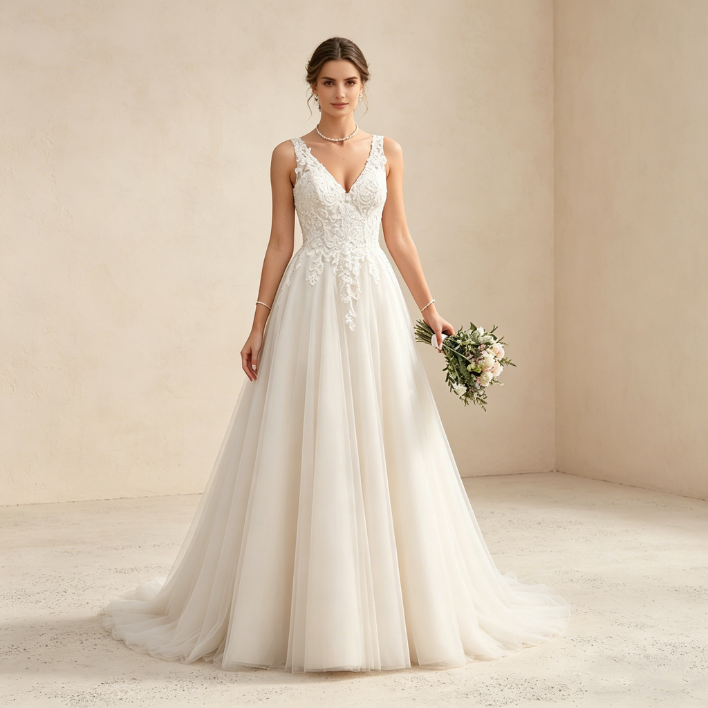 Exquisites Besticktes Maxikleid mit V-Ausschnitt – Ärmelloses Abendkleid in Elfenbein mit Filigraner Spitze und Tüllrock