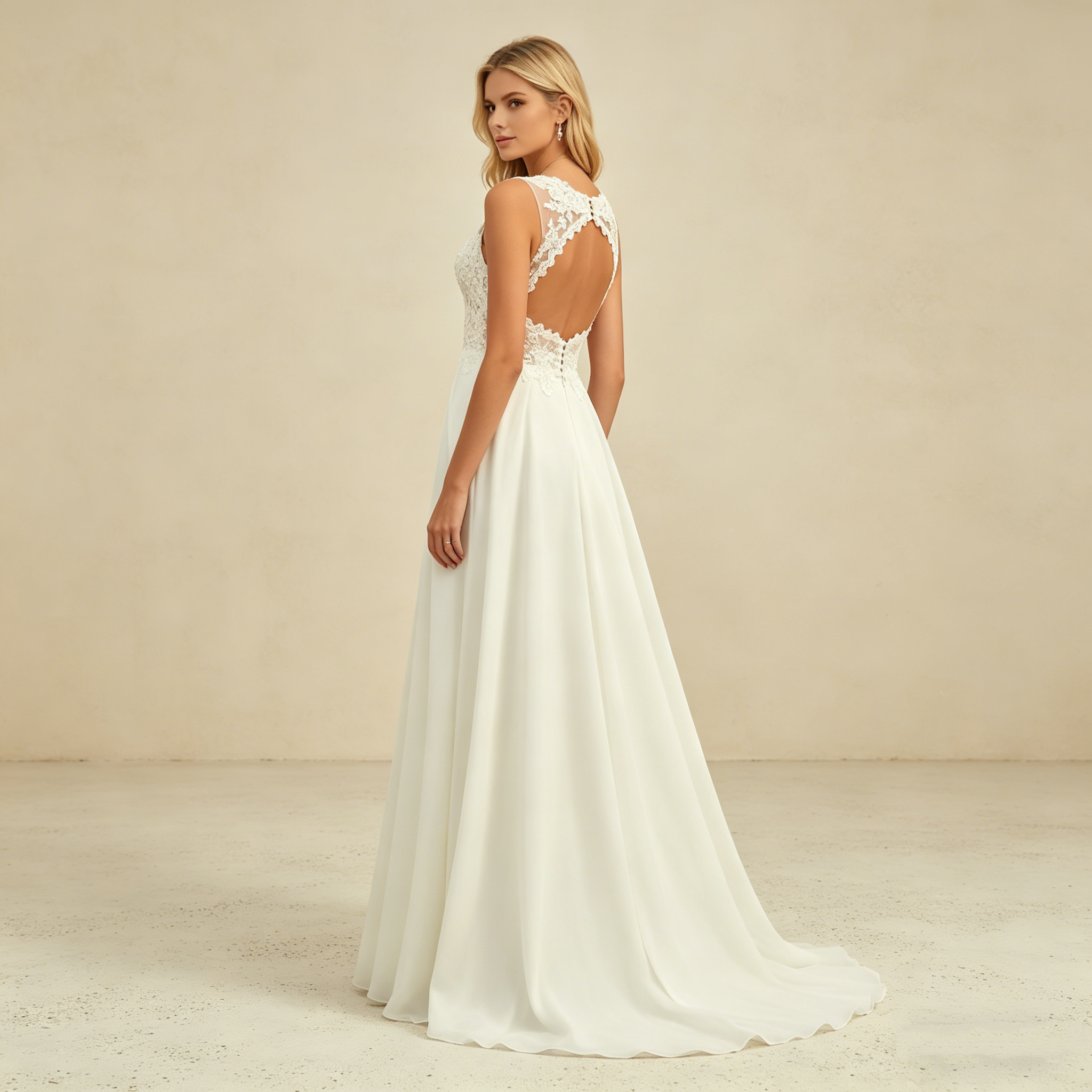 Elegantes Ärmelloses Maxikleid in Elfenbein – Abendkleid mit V-Ausschnitt und Filigranem Spitzenoberteil