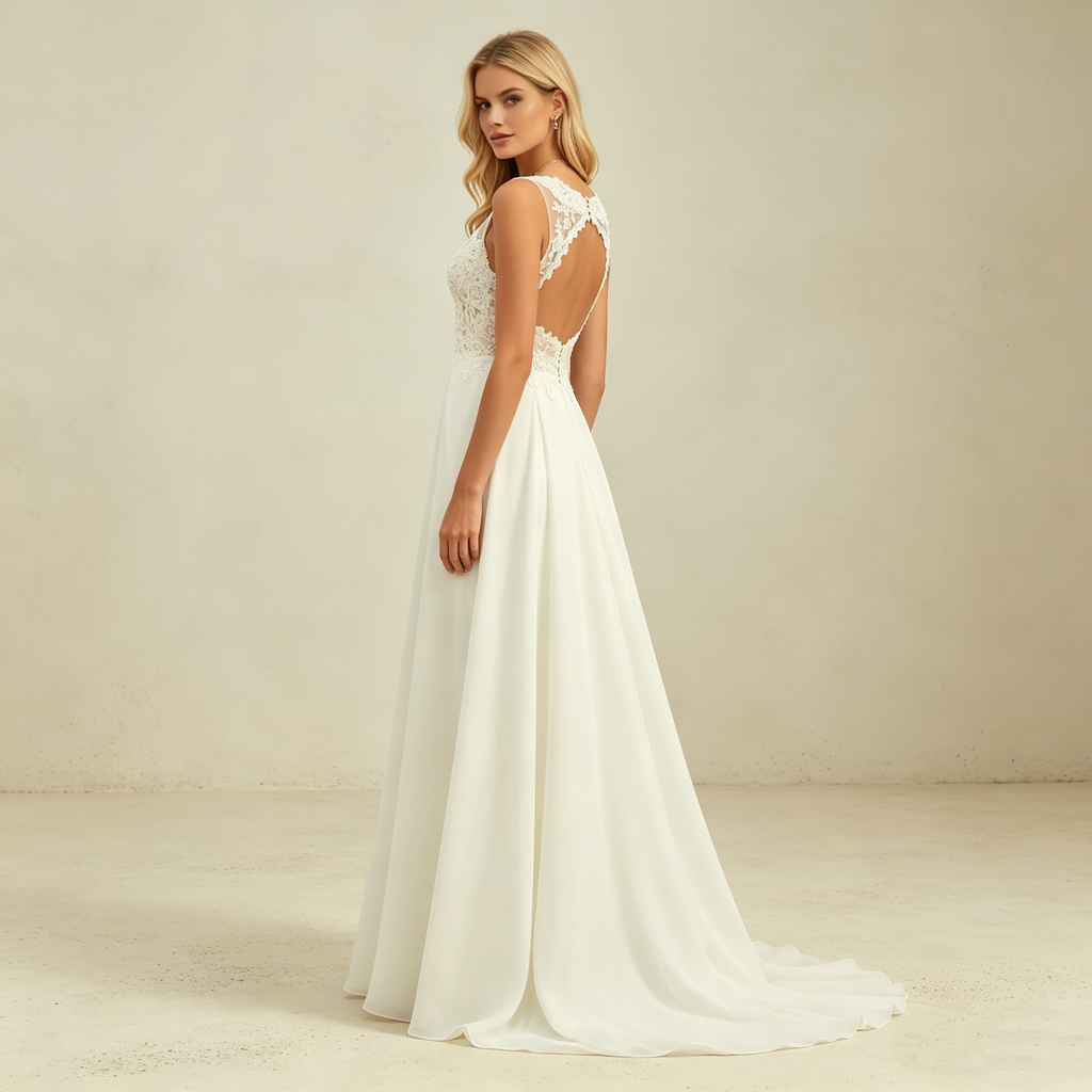 Elegantes Ärmelloses Maxikleid in Elfenbein – Abendkleid mit V-Ausschnitt und Filigranem Spitzenoberteil