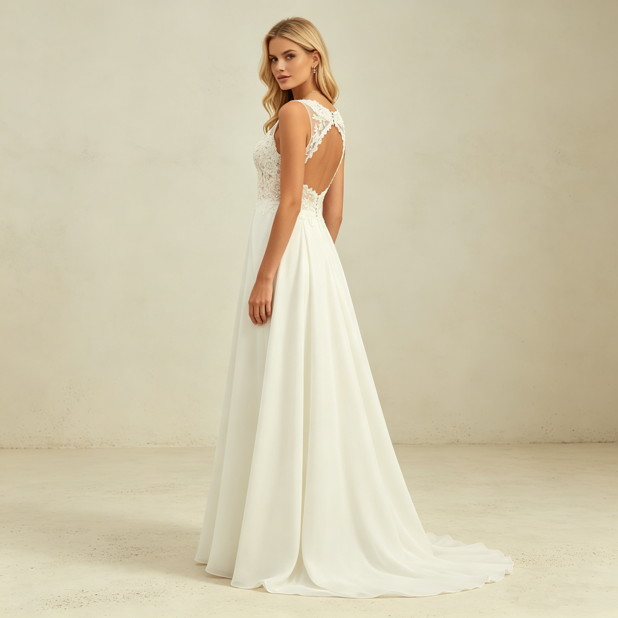 Elegantes Ärmelloses Maxikleid in Elfenbein – Abendkleid mit V-Ausschnitt und Filigranem Spitzenoberteil