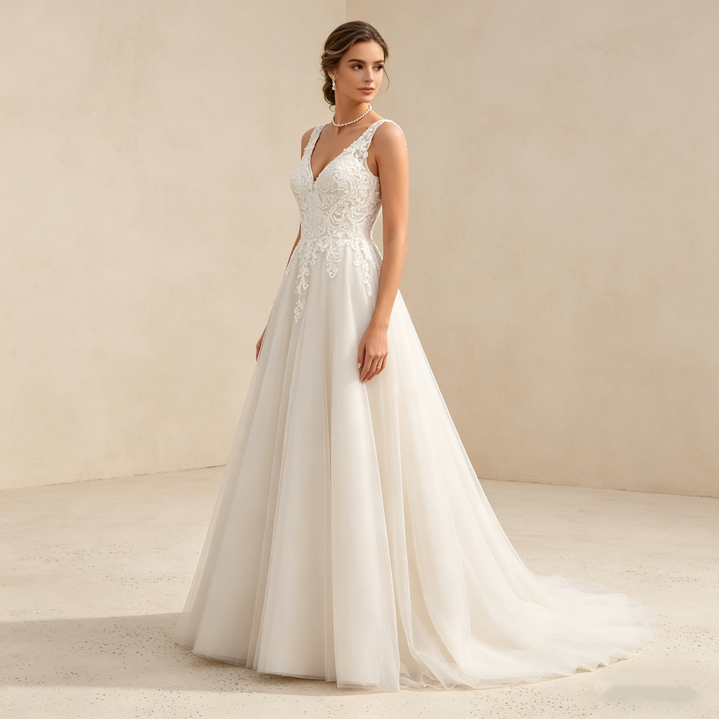 Exquisites Besticktes Maxikleid mit V-Ausschnitt – Ärmelloses Abendkleid in Elfenbein mit Filigraner Spitze und Tüllrock