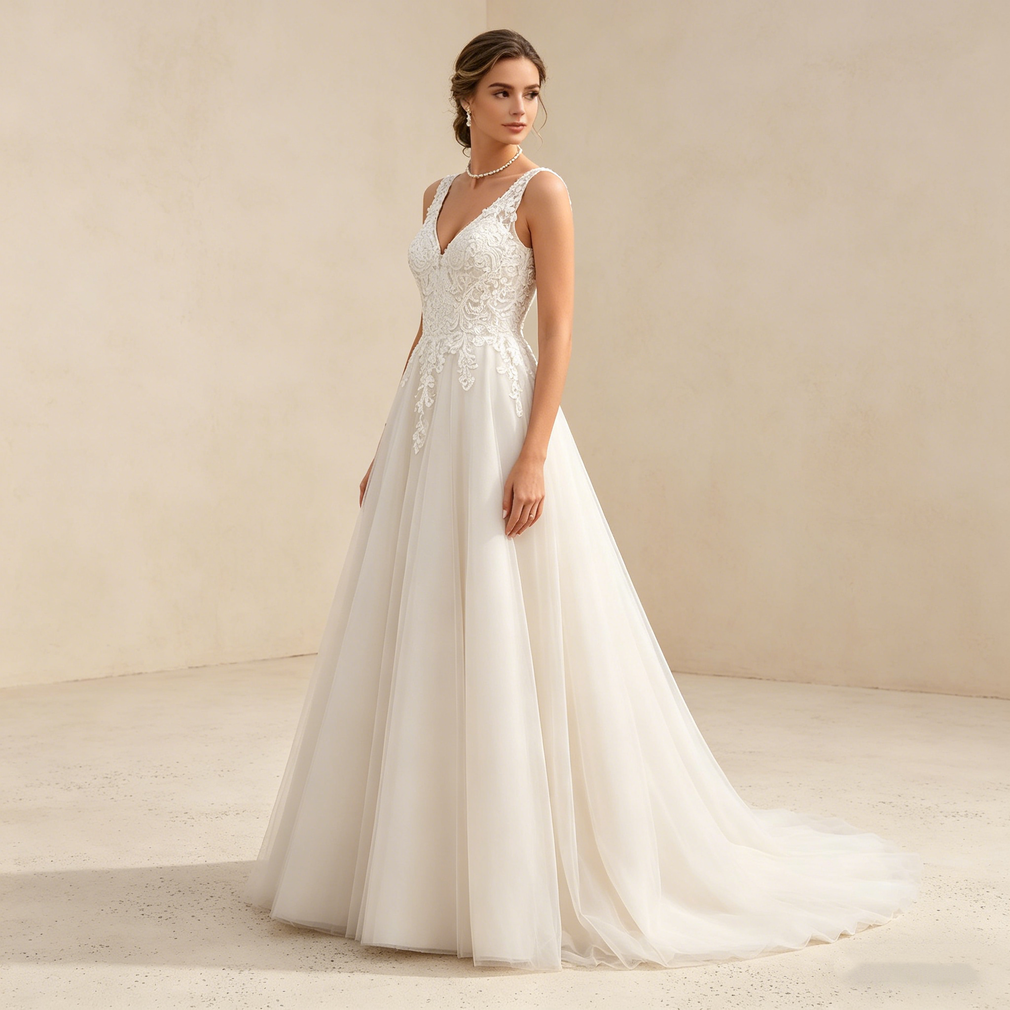 Exquisites Besticktes Maxikleid mit V-Ausschnitt – Ärmelloses Abendkleid in Elfenbein mit Filigraner Spitze und Tüllrock