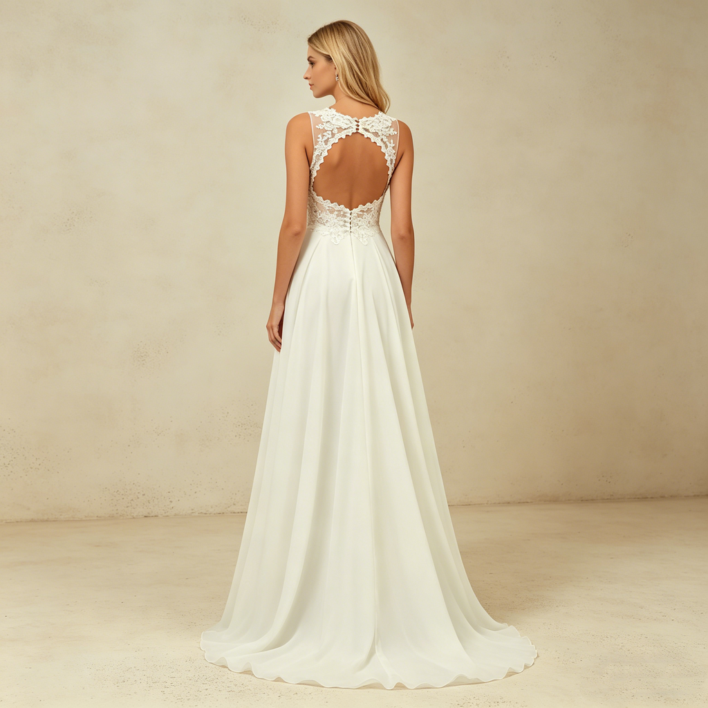 Elegantes Ärmelloses Maxikleid in Elfenbein – Abendkleid mit V-Ausschnitt und Filigranem Spitzenoberteil