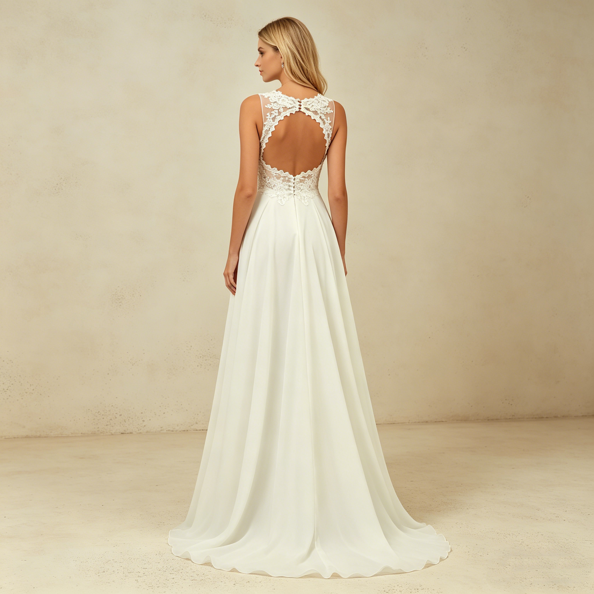 Elegantes Ärmelloses Maxikleid in Elfenbein – Abendkleid mit V-Ausschnitt und Filigranem Spitzenoberteil