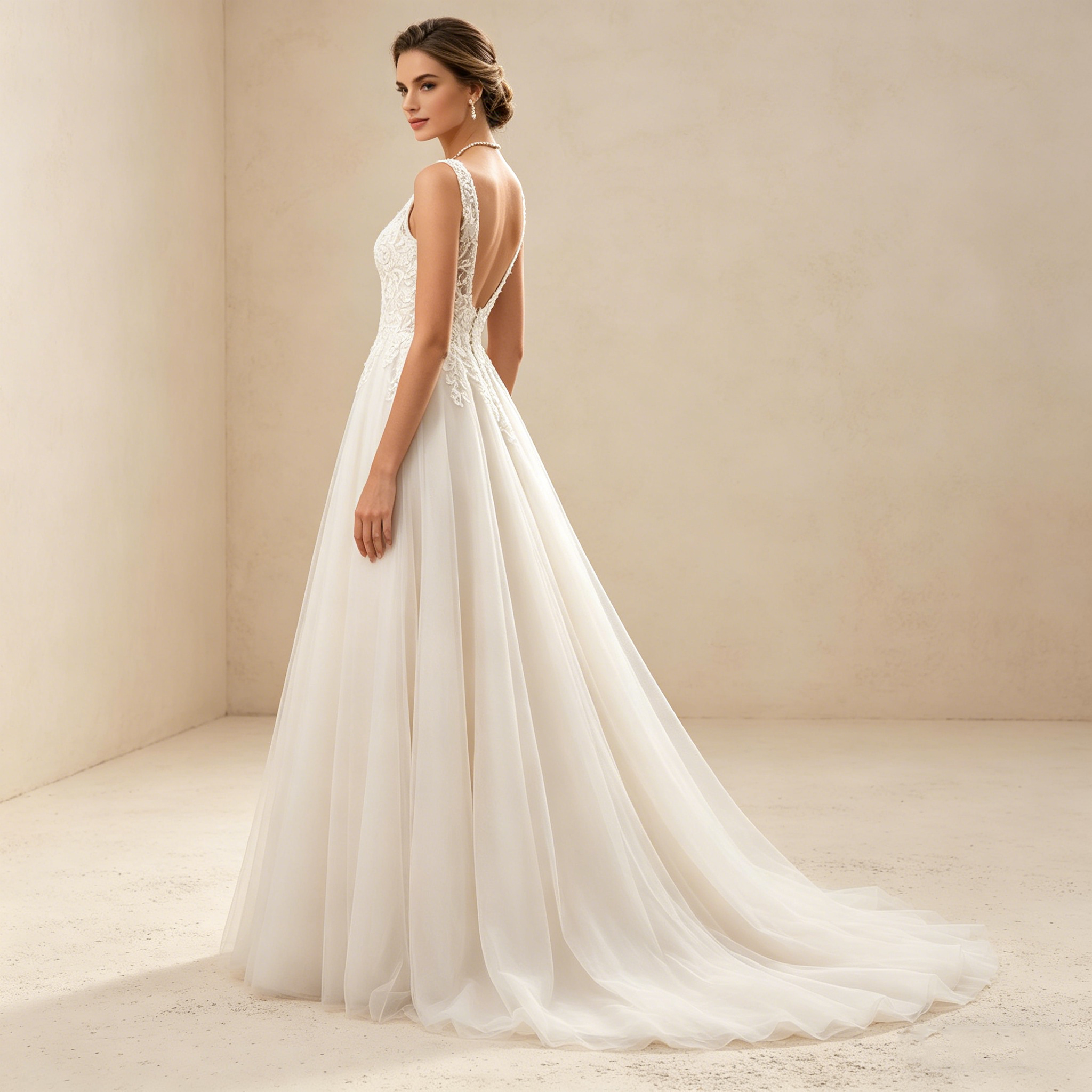 Exquisites Besticktes Maxikleid mit V-Ausschnitt – Ärmelloses Abendkleid in Elfenbein mit Filigraner Spitze und Tüllrock