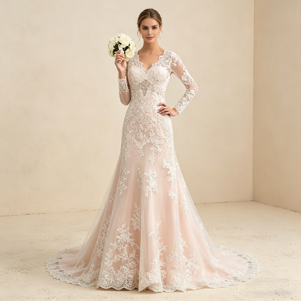 Exquisites Besticktes Abendkleid mit Langen Ärmeln – Bodenlanges Maxikleid in Elfenbein mit V-Ausschnitt und Filigraner Spitze