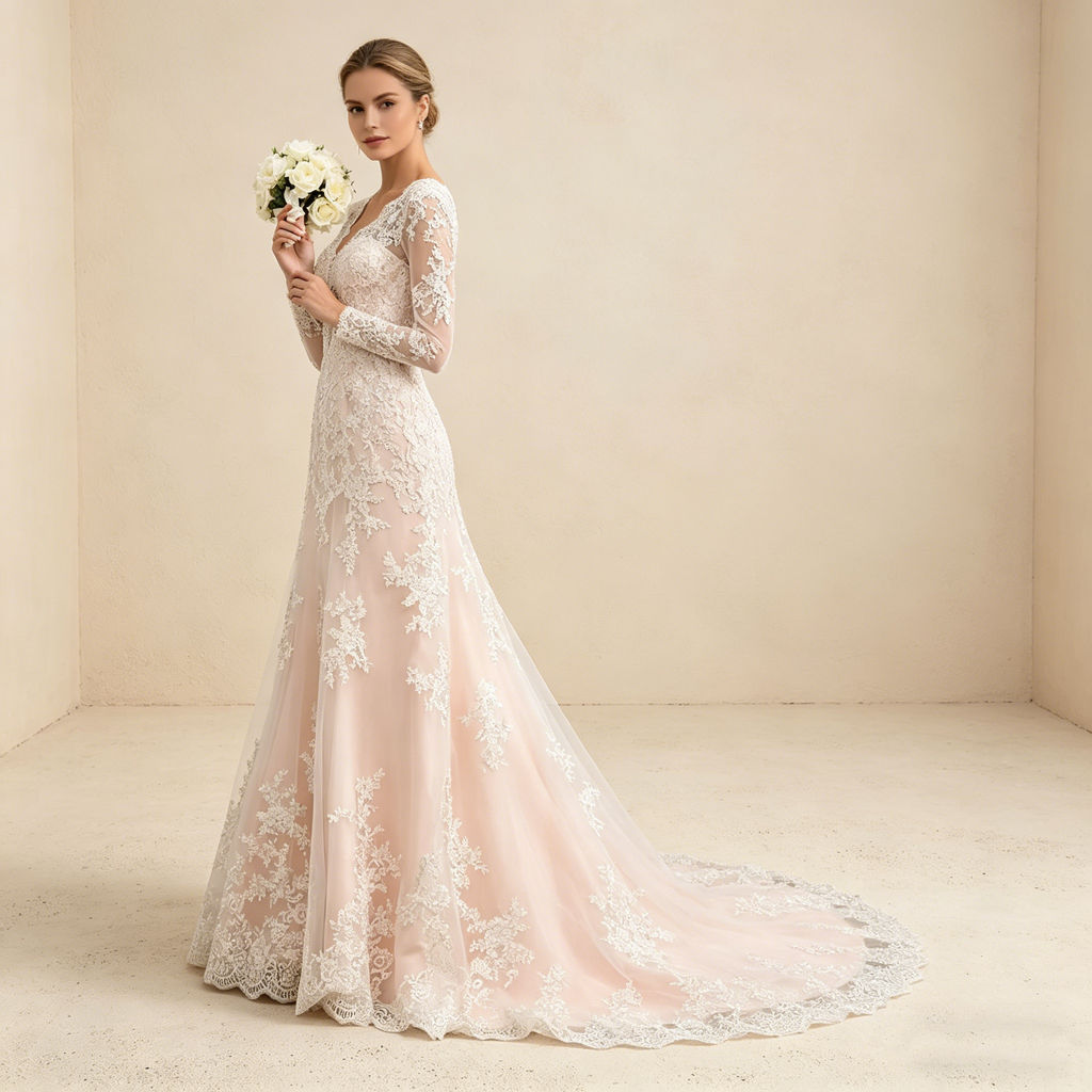Exquisites Besticktes Abendkleid mit Langen Ärmeln – Bodenlanges Maxikleid in Elfenbein mit V-Ausschnitt und Filigraner Spitze