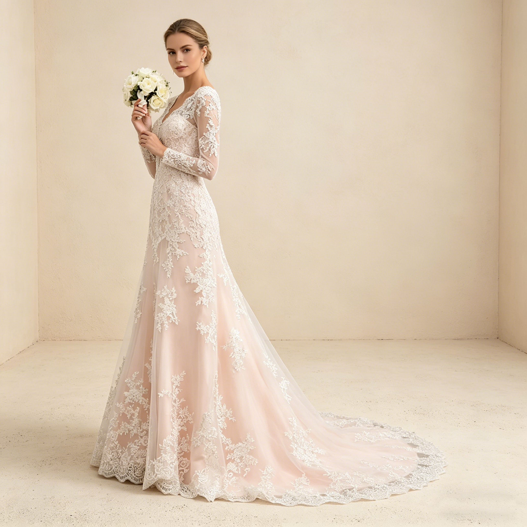 Exquisites Besticktes Abendkleid mit Langen Ärmeln – Bodenlanges Maxikleid in Elfenbein mit V-Ausschnitt und Filigraner Spitze