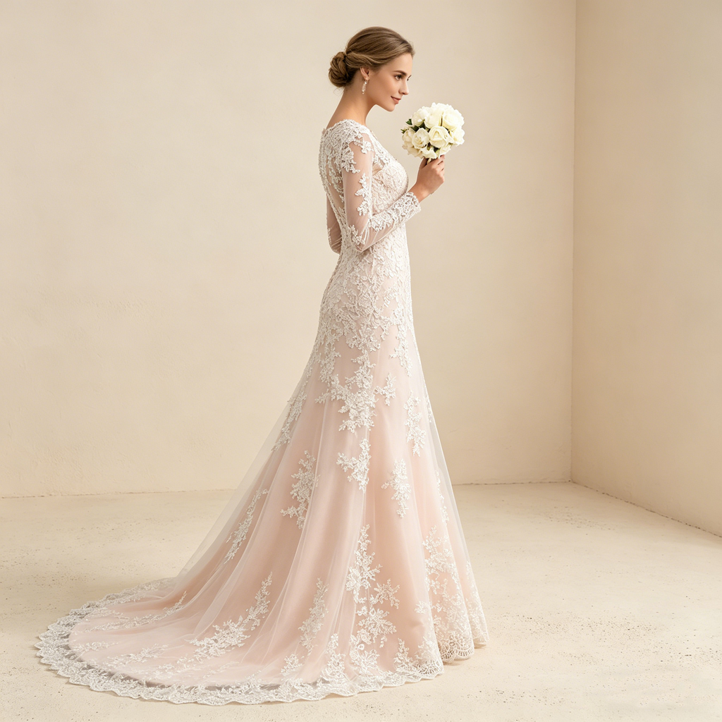 Exquisites Besticktes Abendkleid mit Langen Ärmeln – Bodenlanges Maxikleid in Elfenbein mit V-Ausschnitt und Filigraner Spitze