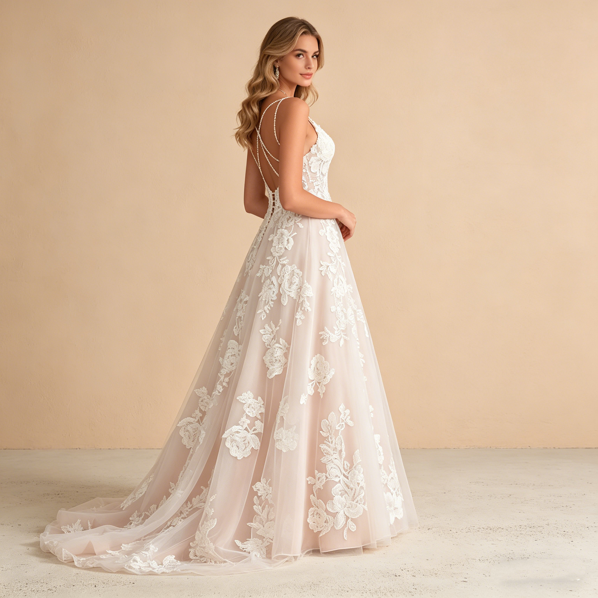 Exquisites Besticktes Maxikleid in Elfenbein – Ärmelloses Abendkleid mit Filigranen Spitzenapplikationen und V-Ausschnitt