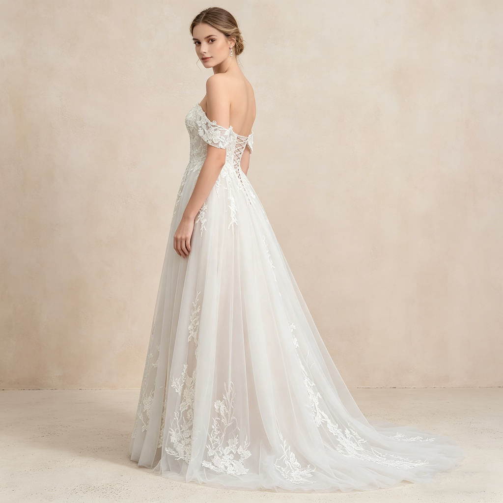 Exquisites Off-Shoulder Maxikleid in Elfenbein – Bodenlanges Abendkleid mit Filigraner Spitzenstickerei und Tüllsaum