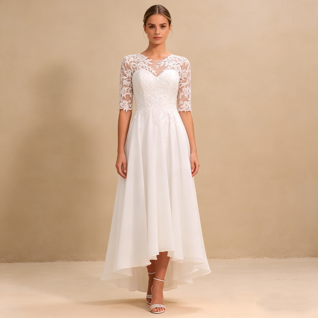 Elegantes Besticktes Abendkleid mit 3/4-Ärmeln – Vokuhila-Maxikleid in Elfenbein mit Filigraner Spitze und Fließendem Rock
