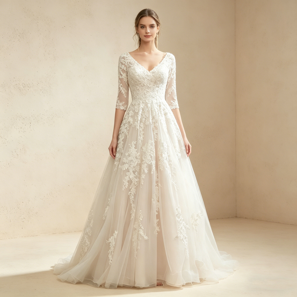 Exquisites Besticktes Maxikleid mit 3/4-Ärmeln – Bodenlanges Abendkleid in Elfenbein mit V-Ausschnitt und Tüllrock