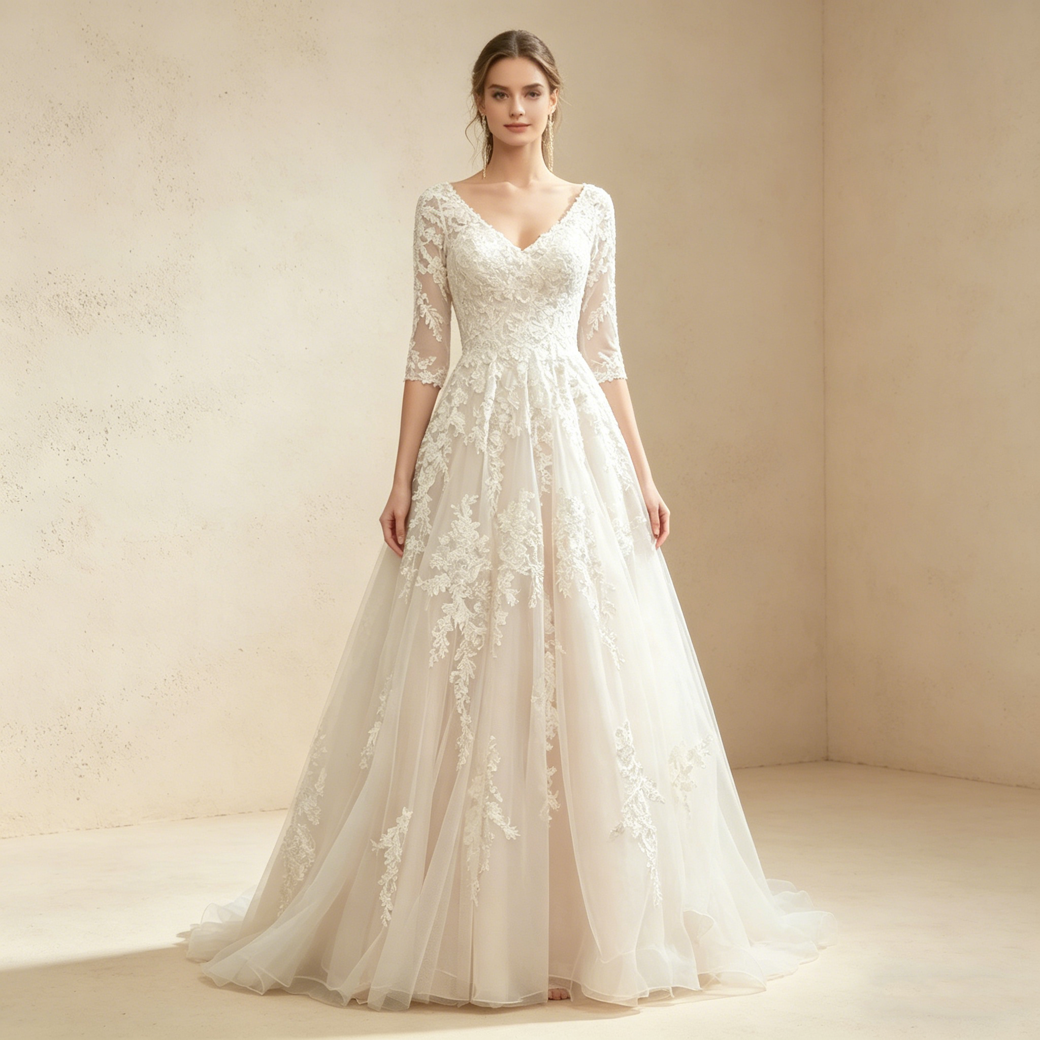 Exquisites Besticktes Maxikleid mit 3/4-Ärmeln – Bodenlanges Abendkleid in Elfenbein mit V-Ausschnitt und Tüllrock
