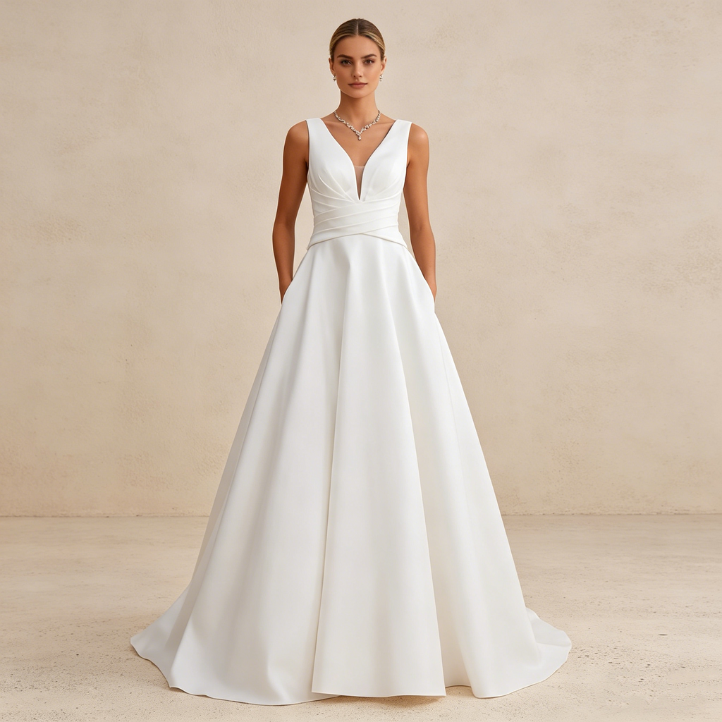 Elegantes Satin-Maxikleid mit V-Ausschnitt – Ärmelloses Abendkleid in Elfenbein mit Taillendrapierung und A-Linie