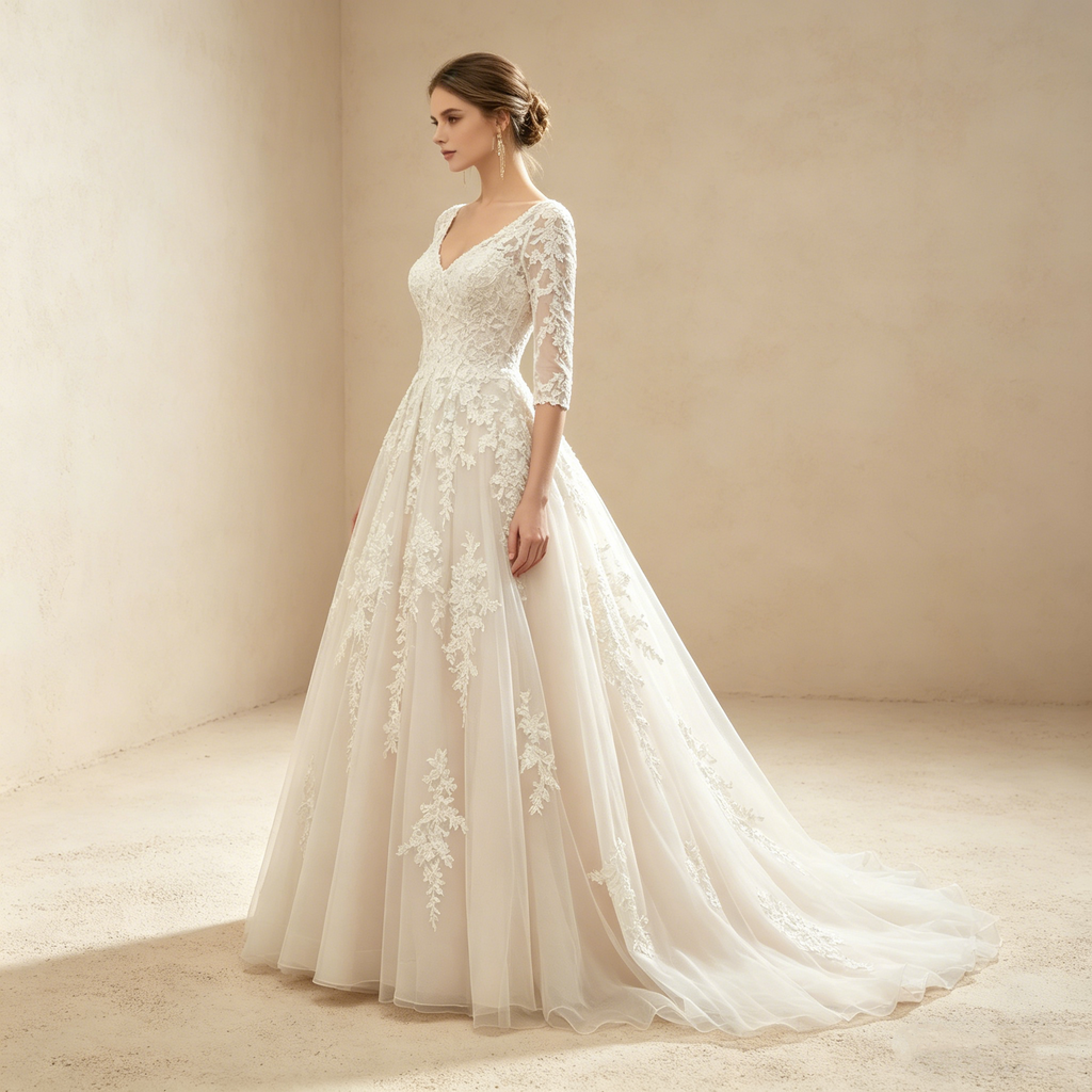 Exquisites Besticktes Maxikleid mit 3/4-Ärmeln – Bodenlanges Abendkleid in Elfenbein mit V-Ausschnitt und Tüllrock