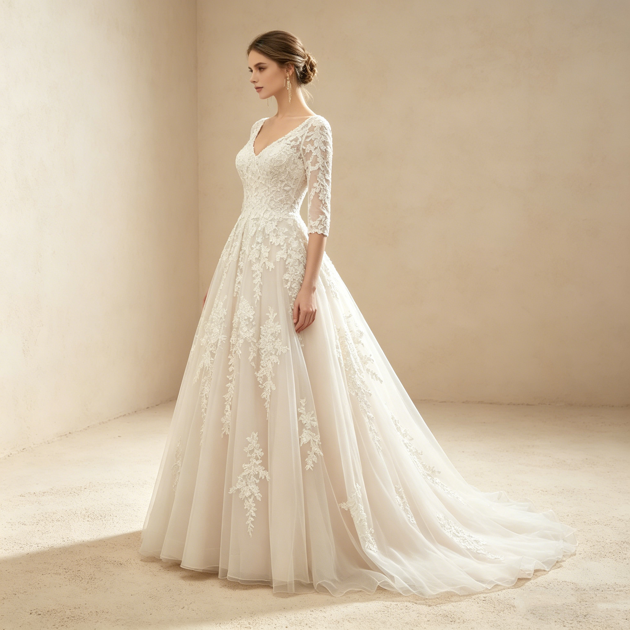 Exquisites Besticktes Maxikleid mit 3/4-Ärmeln – Bodenlanges Abendkleid in Elfenbein mit V-Ausschnitt und Tüllrock